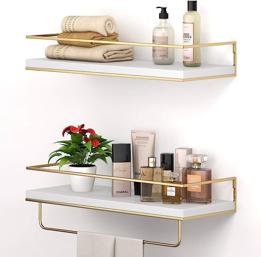 Shario White Floating Shelves - Set of 2, Wall Mounted Hanging Shelves with Golden Towel Rack, De... | Amazon (US)
