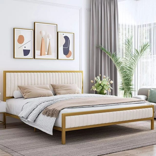 Homfa King Size Bed Frame, Golden Metal Platform Bed with Velvet Upholstered Headboard, Beige | Walmart (US)