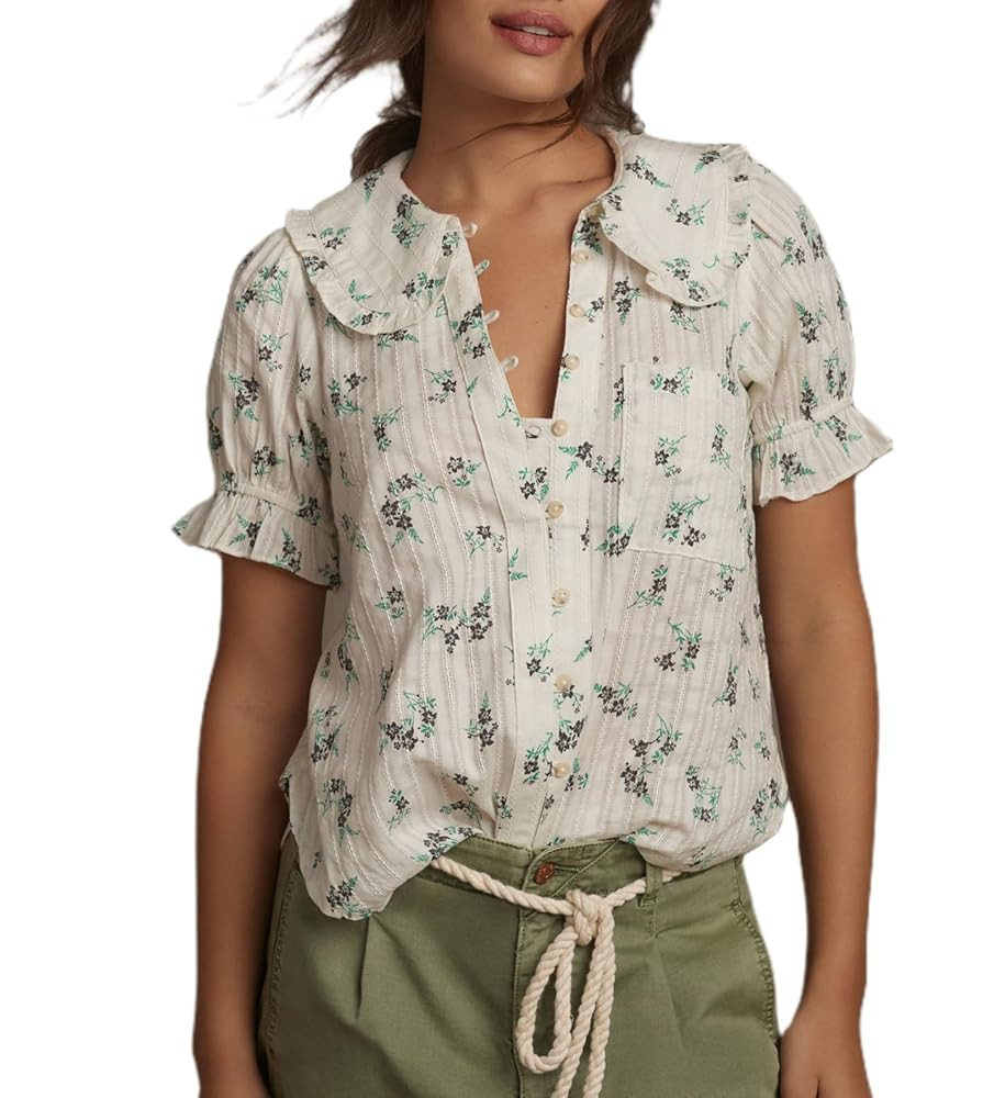 Women Y2k Puff Sleeve Peter Pan Collar Shirt Tops Button Down Boho Floral Print Ruffle Blouse Sum... | Amazon (US)