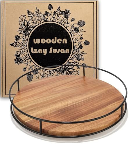 12" Acacia Wood Lazy Susan Turntable, Tomoaza Kitchen Organizer Turntable with Steel Sides, 360 Degree Lazy Susan for Countertop Cabinet or Dining Table(Black) | Amazon (US)