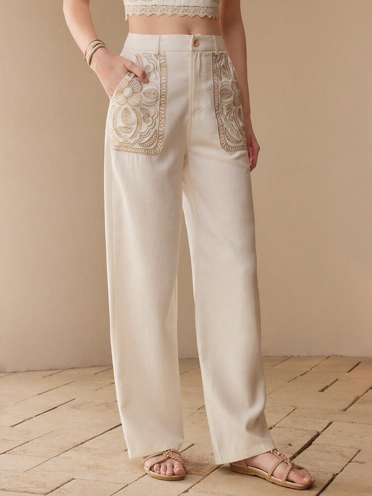 MOTF LINEN FLORAL EMBROIDERY PANTS | SHEIN