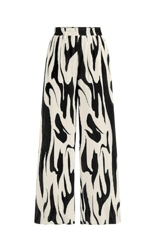 PRETTYGARDEN Womens Casual Elastic High Waisted Palazzo Pants for Women Lightweight Summer Wide Leg Pleated Lounge Pant (Black on Beige, Large) | Amazon (US)