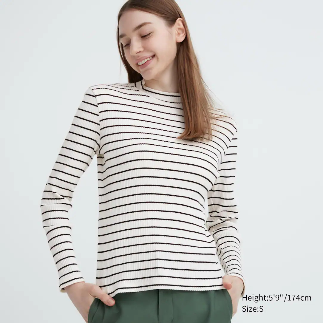 Ribbed Striped High Neck Long Sleeved T-Shirt | UNIQLO (UK)