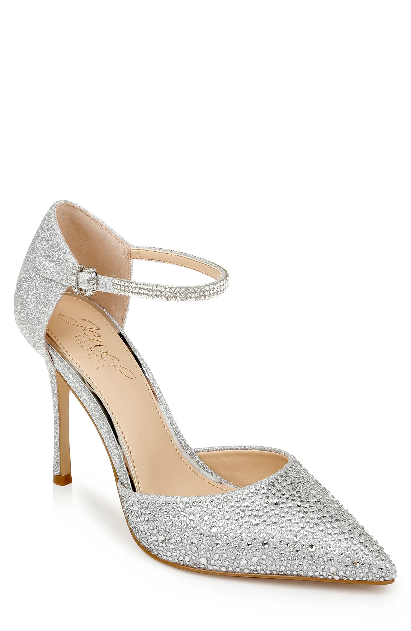 Jewel Badgley Mischka Jailene Ankle Strap Pump, Size 5 in Silver Glitter at Nordstrom | Nordstrom