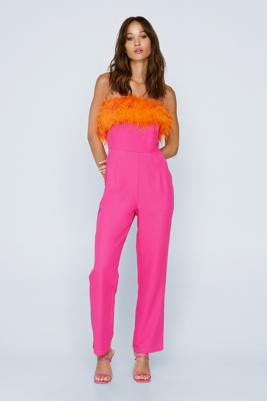 Petite Bandeau Feather Trim Jumpsuit | Nasty Gal (US)