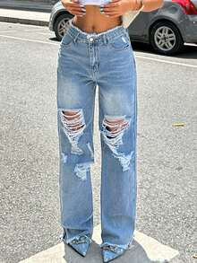 Women's Casual Street Ripped Raw Edge Loose Wide Leg Jeans | SHEIN USA | SHEIN