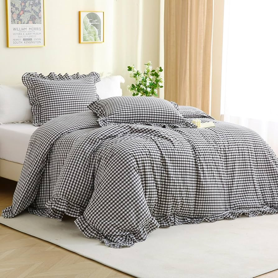 Black/White Checkered Ruffle 3-Piece Duvet Cover Set King Size,Washed Cotton Shabby Gingham Plaid... | Amazon (US)