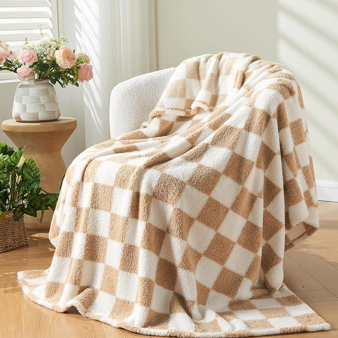 NEWCOSPLAY Knitted Brown White Checkered Blanket Super Soft Plush Throw for Couch Fuzzy Fluffy Mi... | Amazon (US)