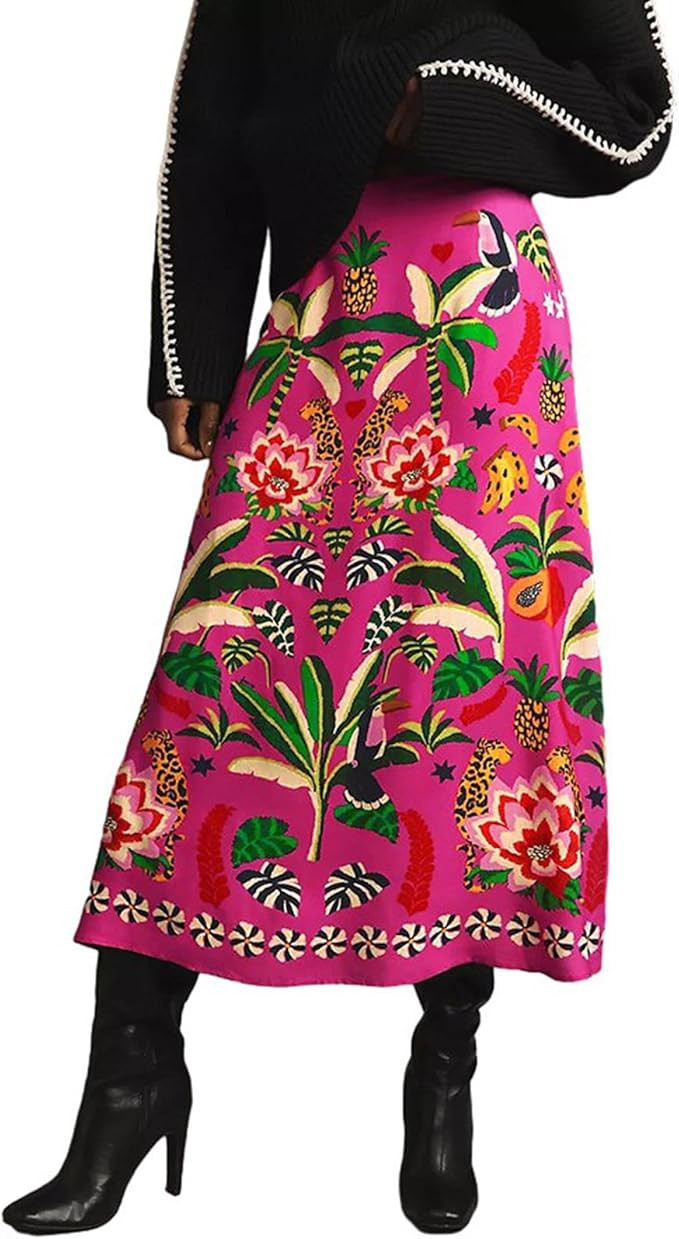 Women's Midi Skirt Tropical Plant Print Elastic Waist Skirts Zipper A-Line Flowy Long Skirts | Amazon (US)