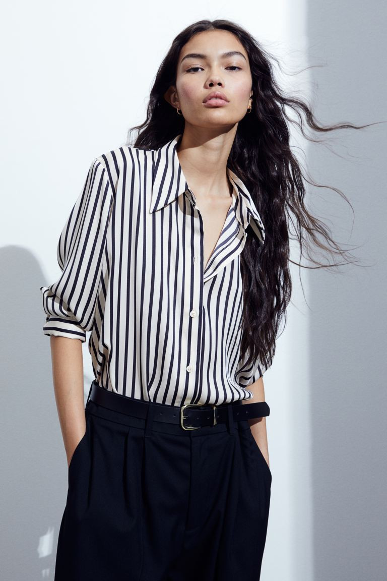 Pointed-collar Shirt - Light beige/black striped - Ladies | H&M US | H&M (US + CA)