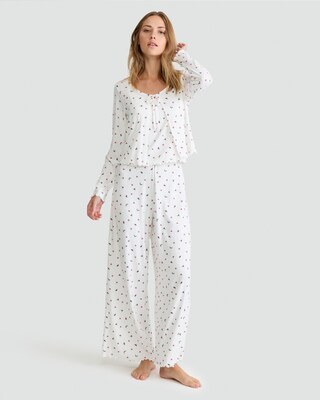 F&F 3-Piece Holly Print Tie Front Cardigan, Cami and Bottoms Pyjamas in Cream | Tesco F&F