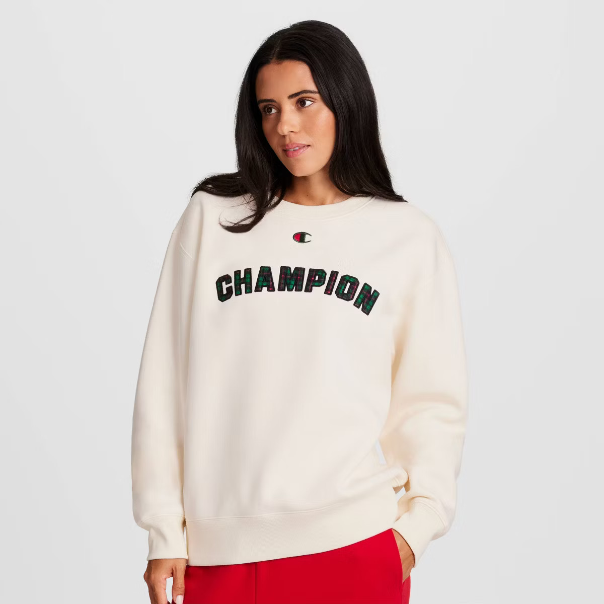 Champion Women's Fleece Pullover Sweatshirt - Cream Plaid XS | Target