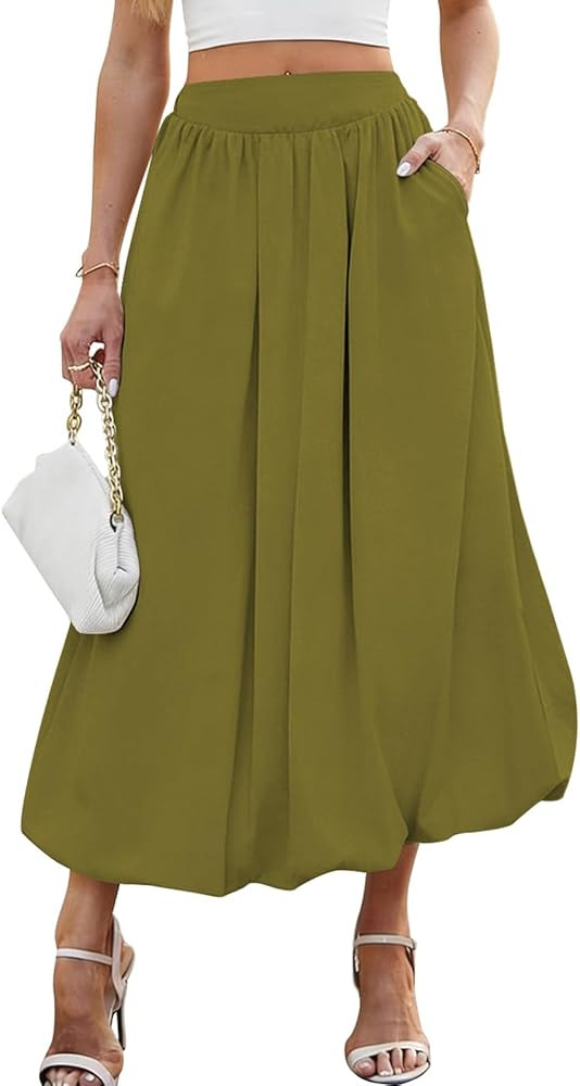 Poetsky Women's Summer Bubble Maxi Skirt Elastic Waist Puffy Hem A-Line Long Skirt with Pockets | Amazon (US)