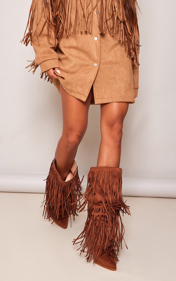 Tan Faux Suede Fringe Western Block Heel Knee Boots | PrettyLittleThing UK