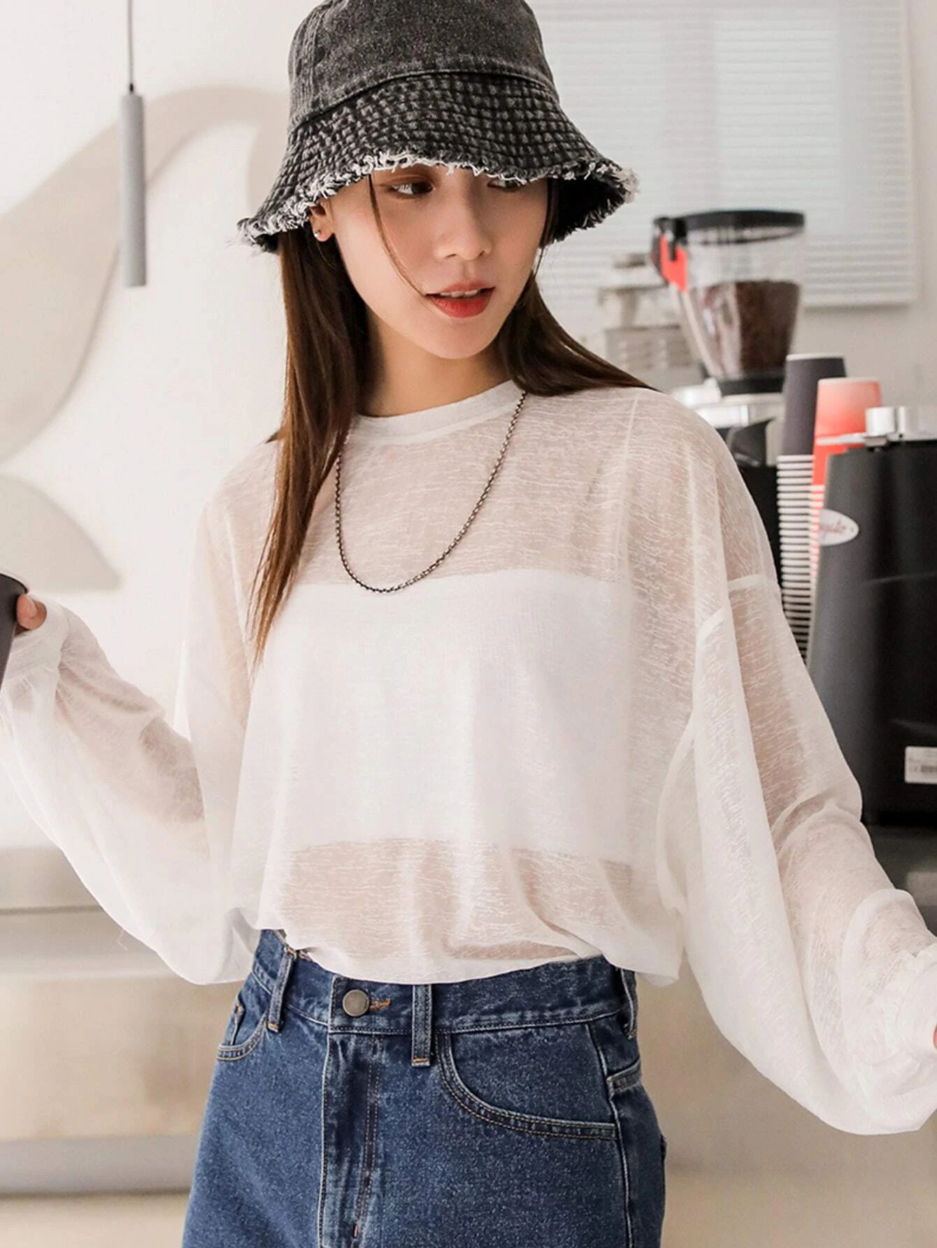 Solid Drop Shoulder Sheer Top Without Bandeau | ROMWE