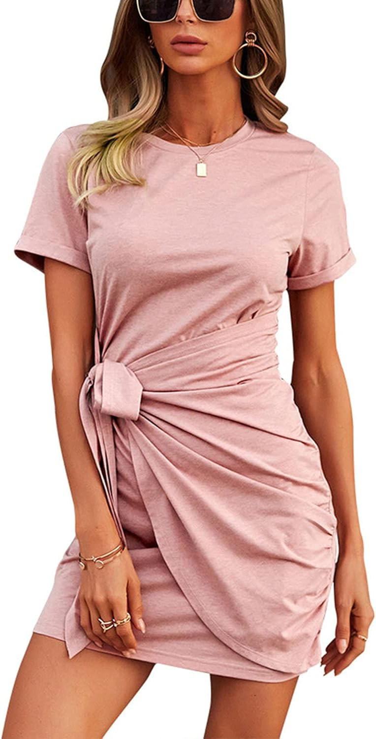 TAMEYA Women's Crewneck Wrap Dress with Solid Color Bodycon Ruched Tie Waist Short Sleeve Mini Dr... | Amazon (US)