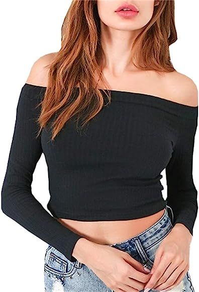 Artfish Women Off Shoulder Long Sleeve Rib-Knit Crop Top Slim Fit Tee Tube Tops for Summer | Amazon (US)