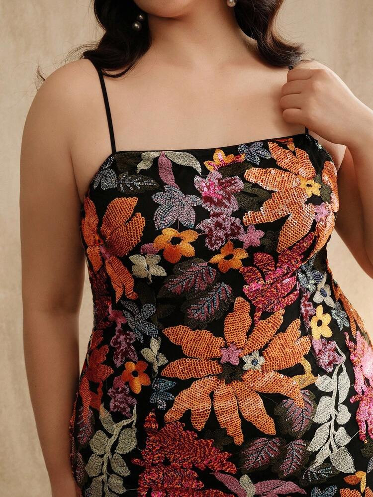 Anewsta Elegant Floral Beaded Mid-Length Strap Plus Size Women Party Dress | SHEIN