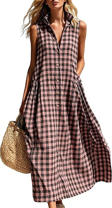 chouyatou Women's Sleeveless Plaid Cotton Dress Lapel Button Front Gingham Long Shirt Dress with ... | Amazon (US)