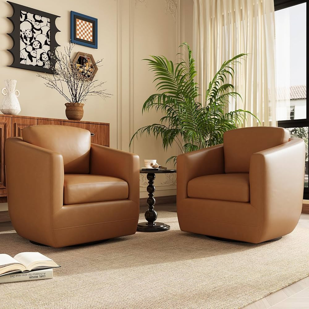 COLAMY 360° Swivel Accent Chair Set of 2 with Pillow, Leather Living Room Armchair No-Sag Foam &... | Amazon (US)
