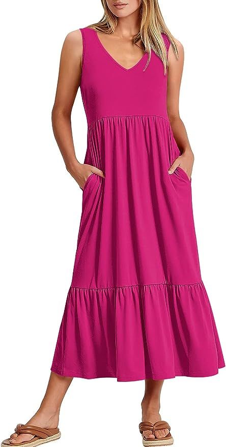 ANRABESS Women's Summer Casual Sleeveless V Neck Swing Dress Casual Flowy Tiered Maxi Beach Dress... | Amazon (US)