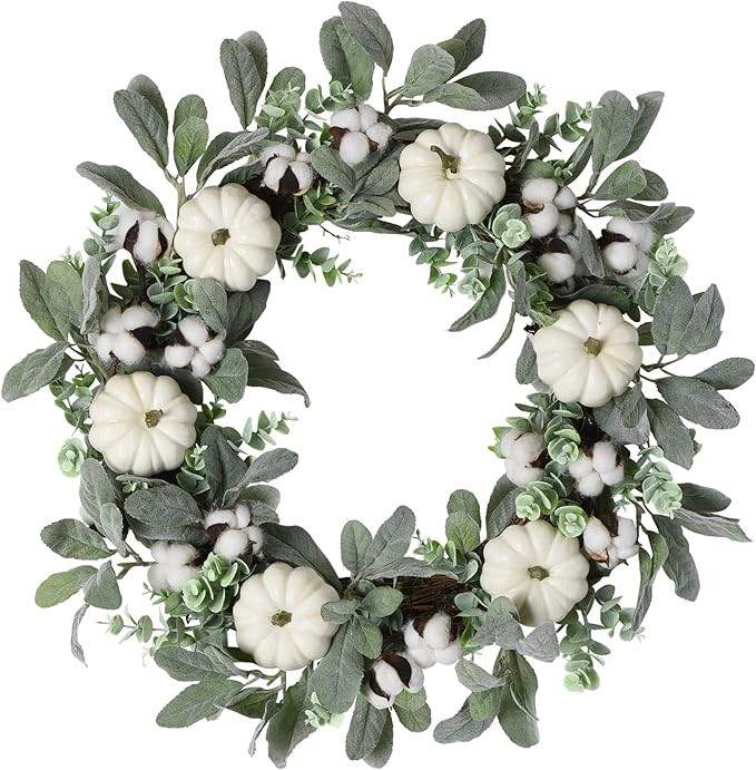 WANNA-CUL 24 inch Large Farmhouse Fall Wreath Decor for Front Door with White Pumpkin, Green Lamb... | Amazon (US)