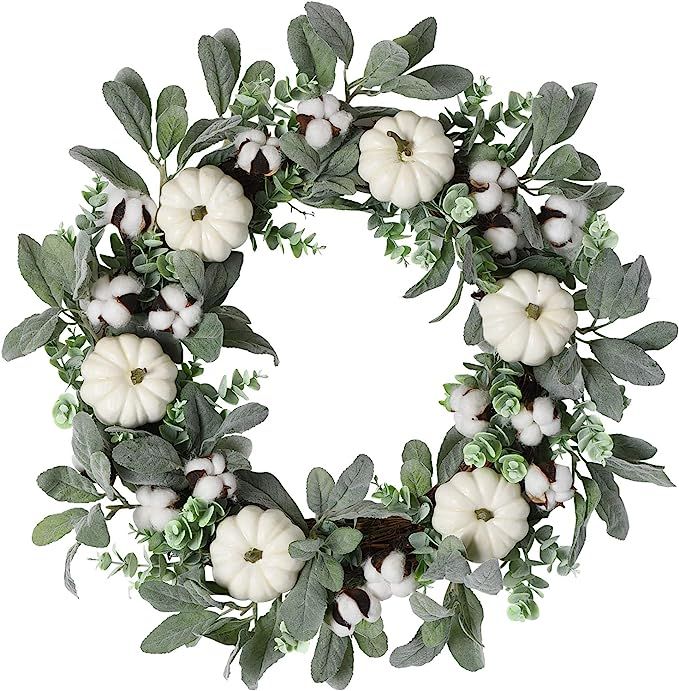 WANNA-CUL 24 inch Farmhouse Fall Wreath Decoration for Front Door with White Pumpkin, Lamb's Ear ... | Amazon (US)