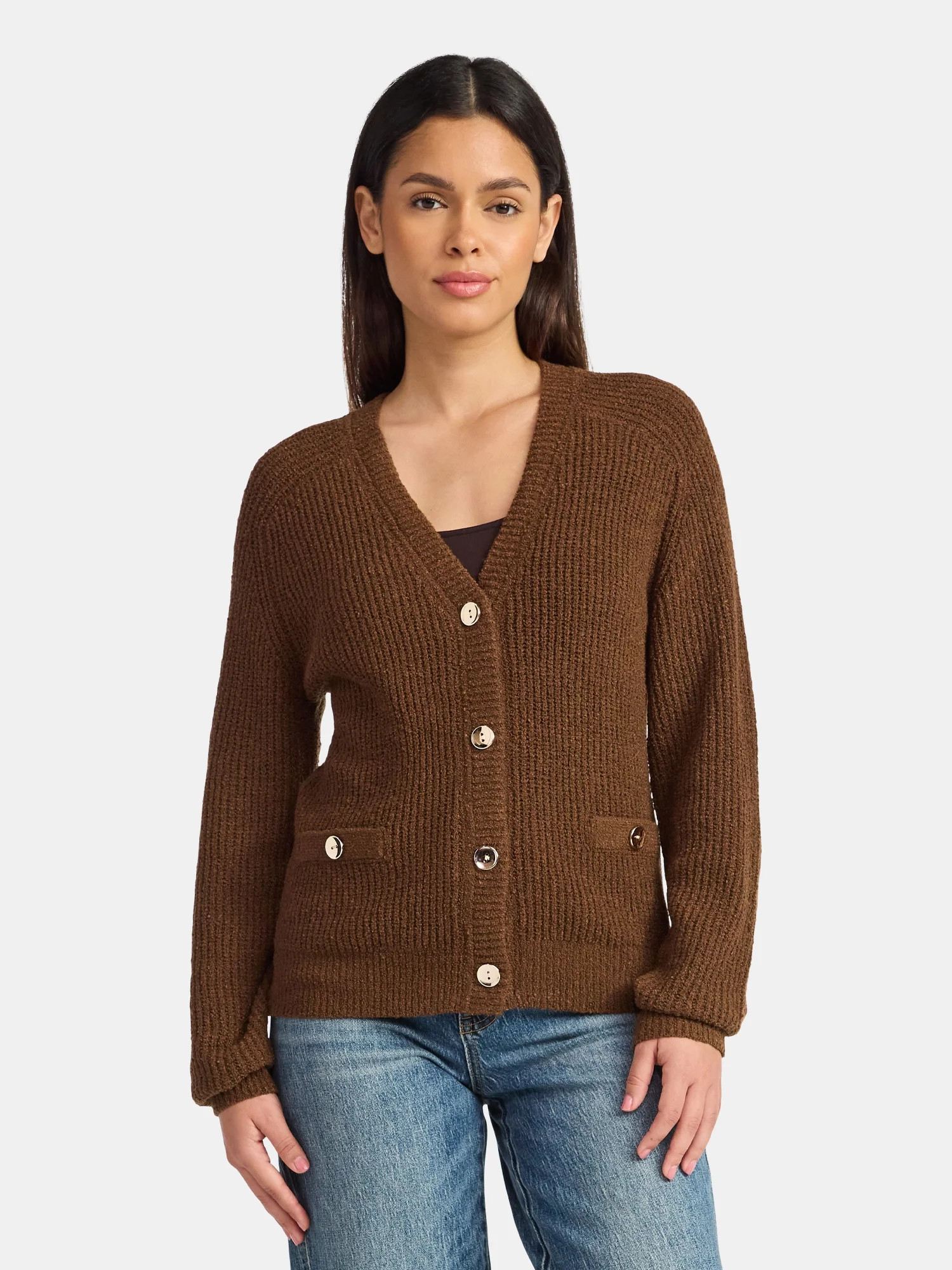 Time and Tru Women's V Neck Button Front Boucle Cardigan Sweater with Long Sleeves, Mid-weight, S... | Walmart (US)