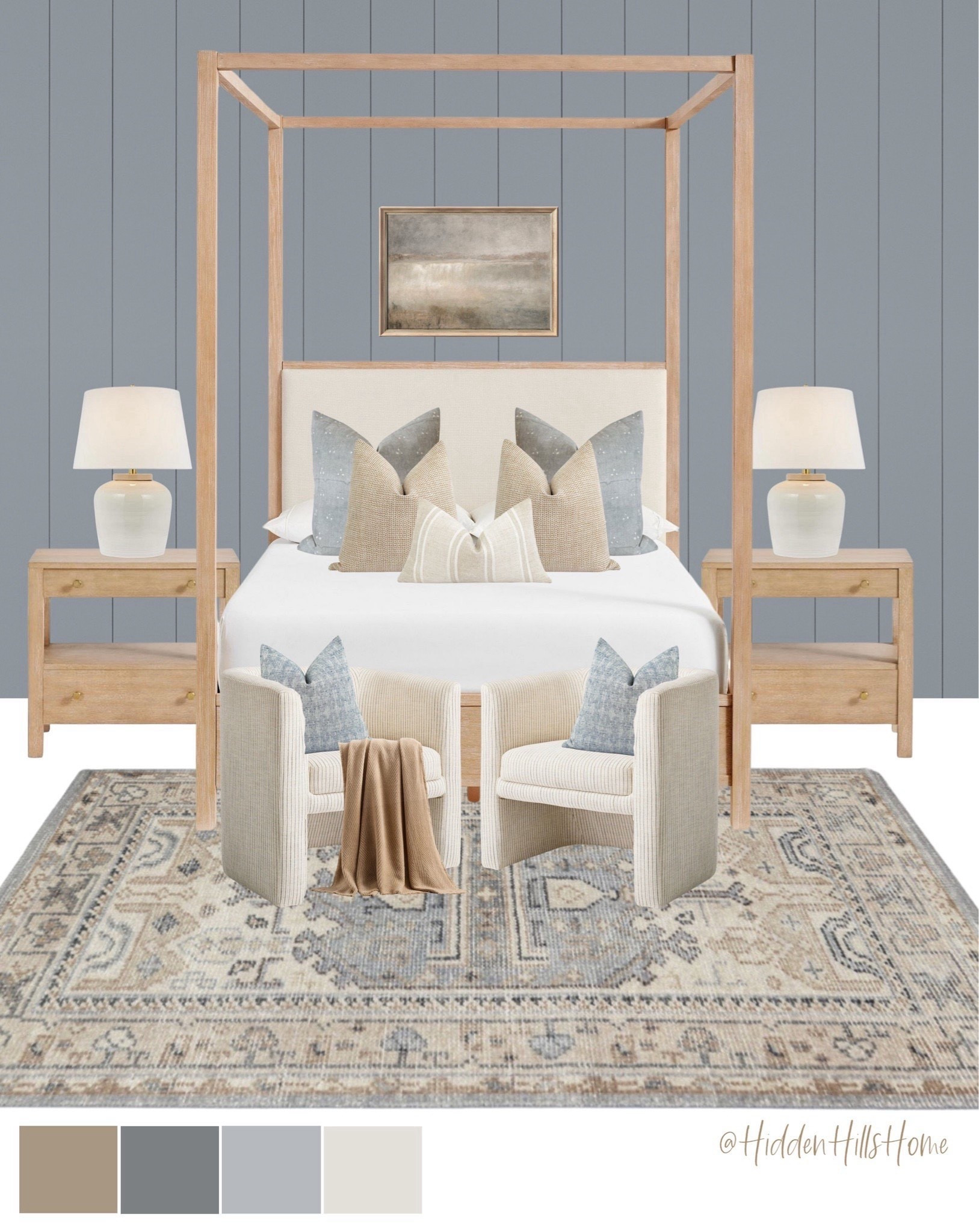 Modern classic bedroom mood board,  bedroom inspo, canopy bed, nightstands, bedroom rug, chairs #bed #canopy 

#LTKSaleAlert #LTKHome