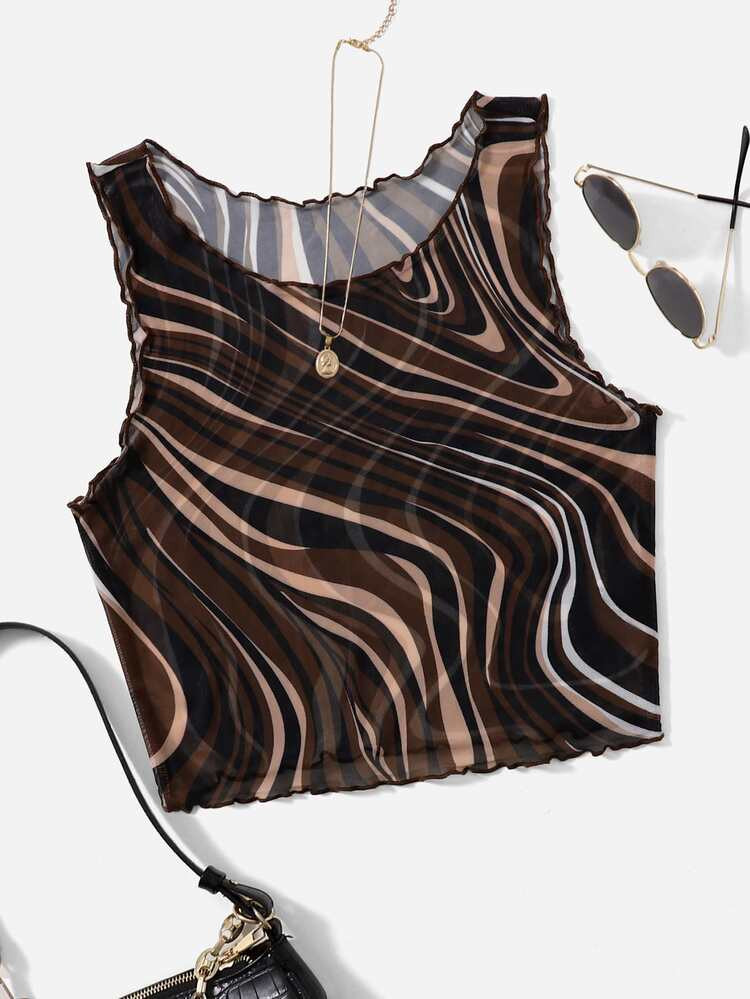 SHEIN Marble Print Lettuce Trim Mesh Tank Top | SHEIN