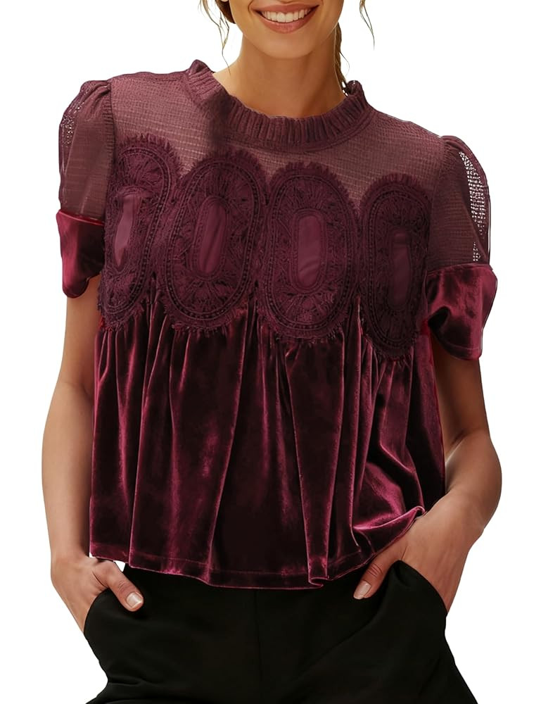 Gozoloma Women's Velvet Lace Blouse Casual Round Neck Short Sleeve Flared Swing Top Elegant Loose... | Amazon (US)