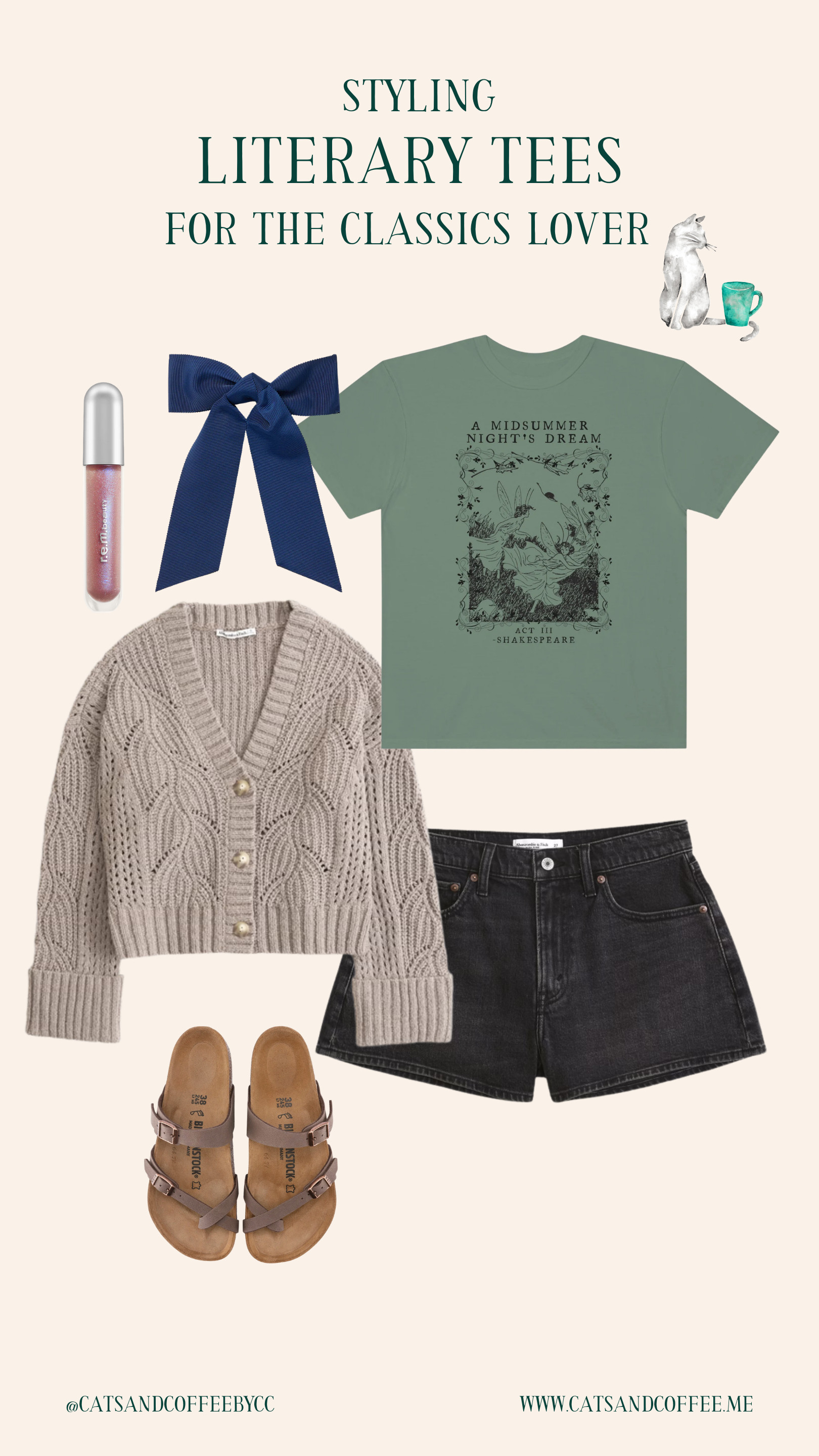 Styling Literary Tees For the Classics Lover – I just love this Shakespearean print tee! Available in a few colors, it is classic and cute – and just might reignite your interest in the Classics! Paired with a chunky cardigan, denim shorts, and Birkenstocks, it's perfect for cooler spring days or evenings out. The navy bow and lip gloss add a fun (and easy) feminine touch. Shop this look here! 

 #LTKgrwm #LTKSeasonal #LTKPetite
