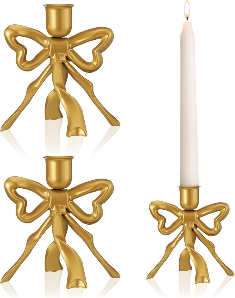 Mumufy 2 Pcs Gold Bow Taper Candle Holder Vintage Metal Candle Stick Holders Antique Brass Decora... | Amazon (US)