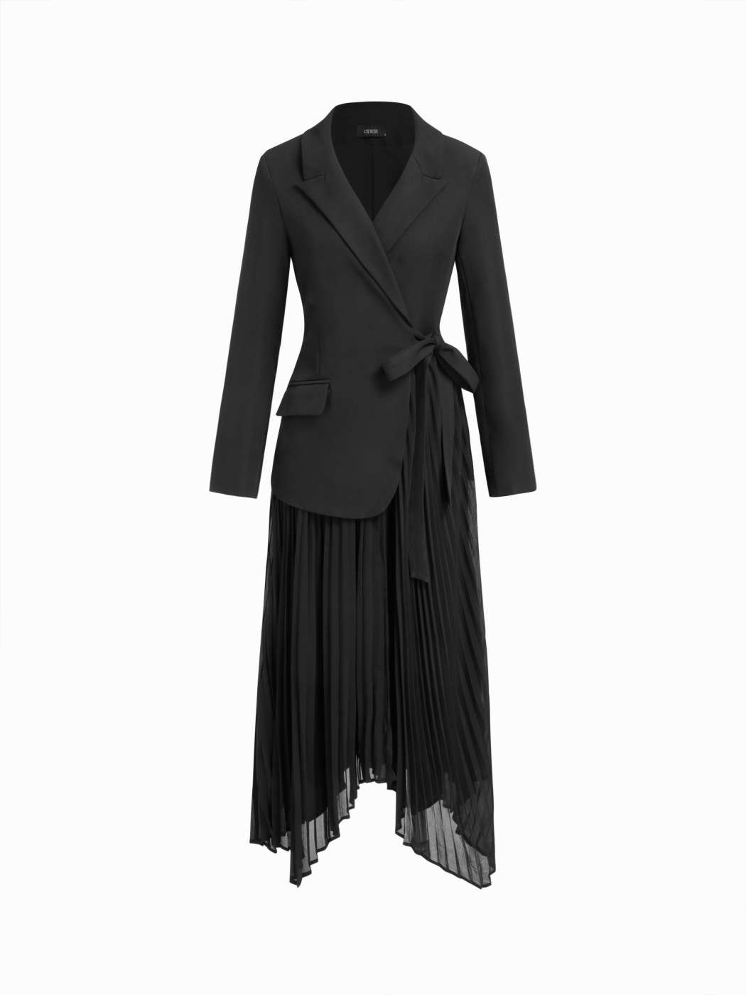 Woven Notched Collar Tie Pleated Blazer Maxi Dress For Date Work | Cider