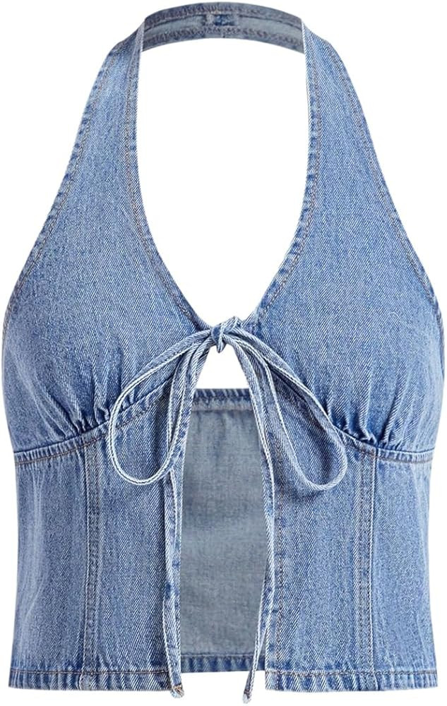 SOLY HUX Women's Y2k Denim Halter Top Summer Backless Tie Front Party Club Crop Tops | Amazon (US)