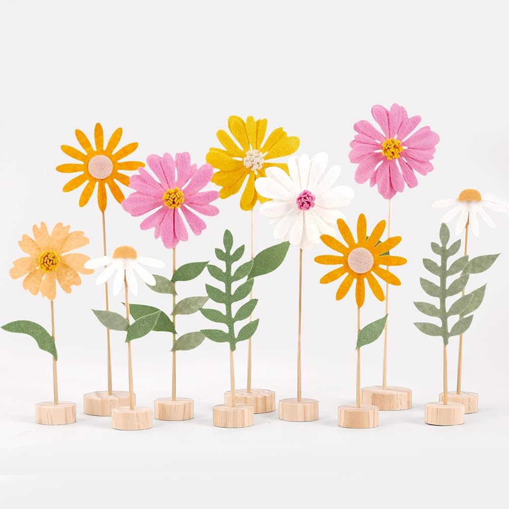 11 PCS Daisy Party Decorations with Wooden Base, Felt Flower Daisy Centerpieces for Tables, Sprin... | Amazon (US)