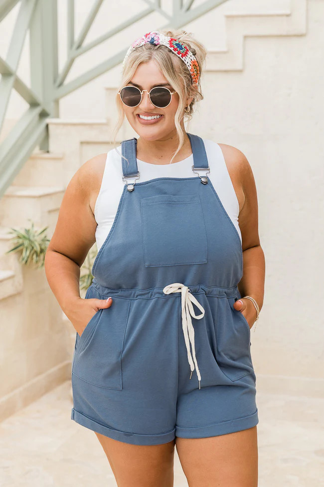 Stroll Through Town Blue Drawstring Short Overalls | Pink Lily