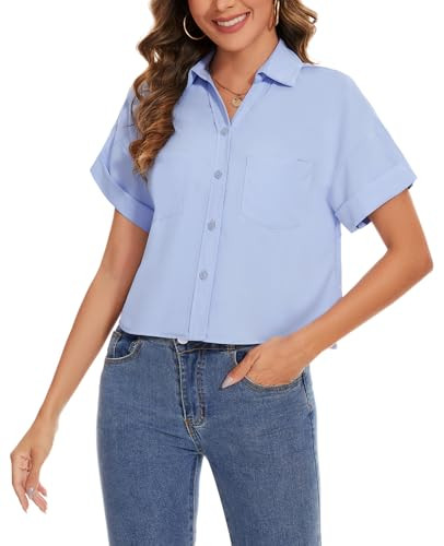 MINTLIMIT Button Down Cropped Blouse for Women Short Sleeve Casual Crop Tops Blouse Shirt with Chest Pocket,Sky Blue,M | Amazon (US)