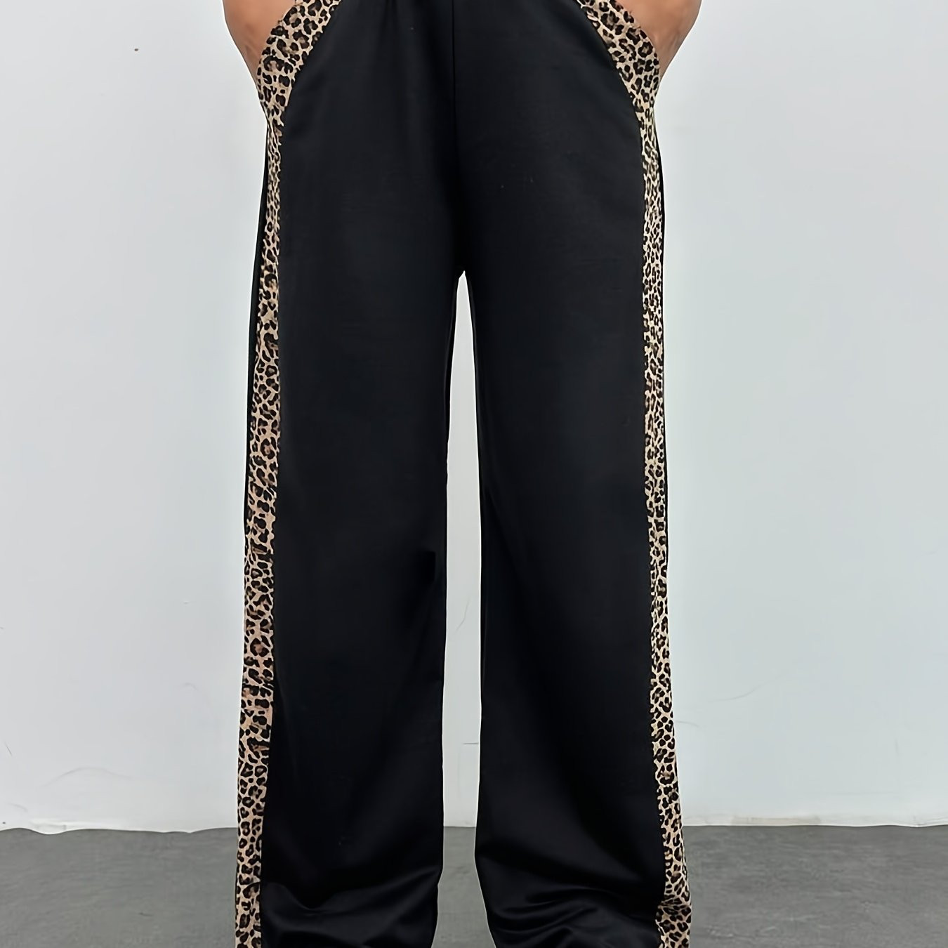 TEMU Elegant Leopard Print Side Stripe Straight Leg Pants, 100% Polyester Knit Fabric, Color With Pockets, Spring/fall - Adult Casual Wear | Temu Affiliate Program