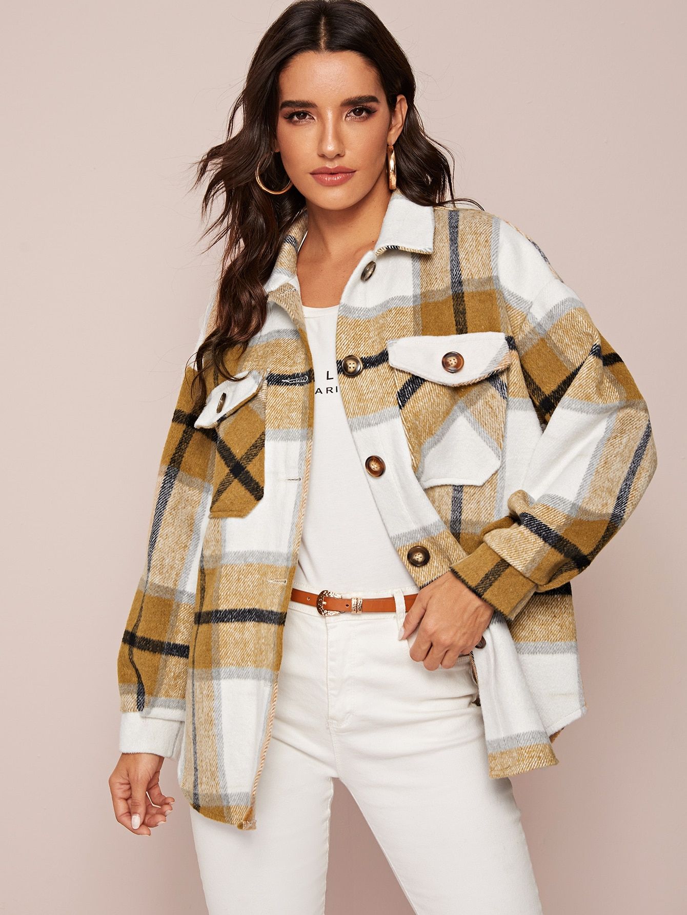 SHEIN Single Breasted Pocket Front Plaid Coat | SHEIN