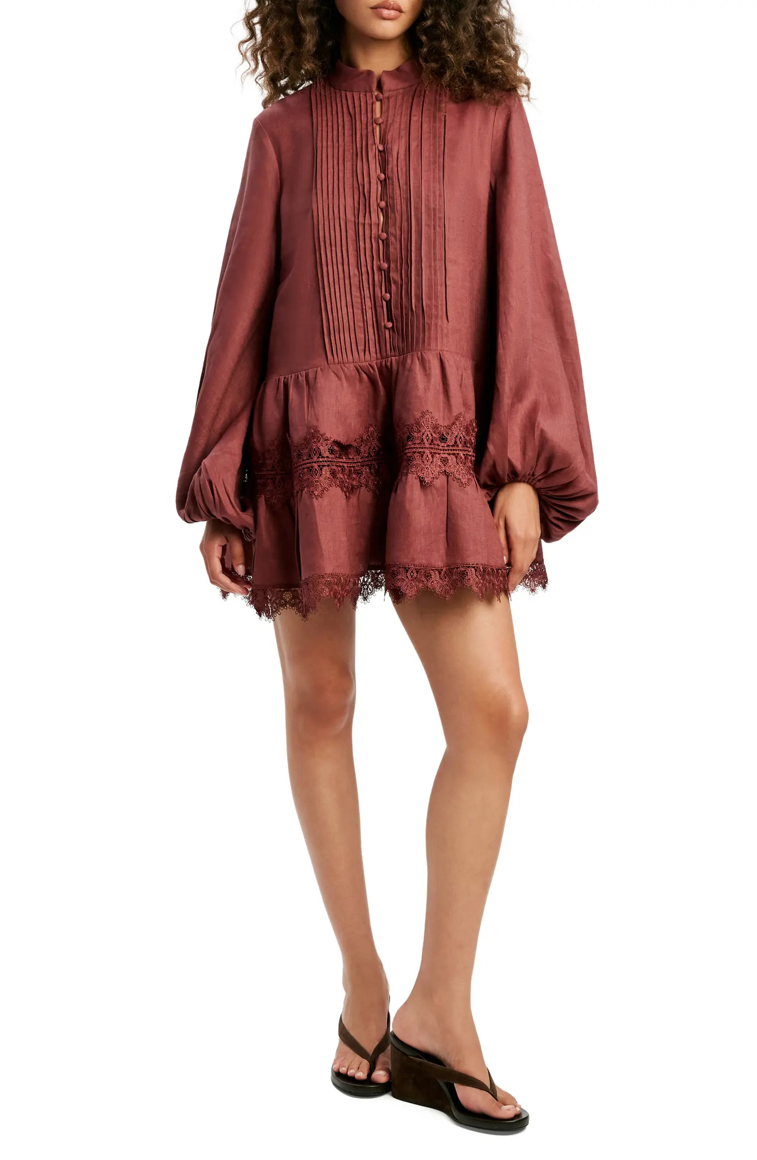 Antonia Lace Trim Long Sleeve Linen Minidress | Nordstrom