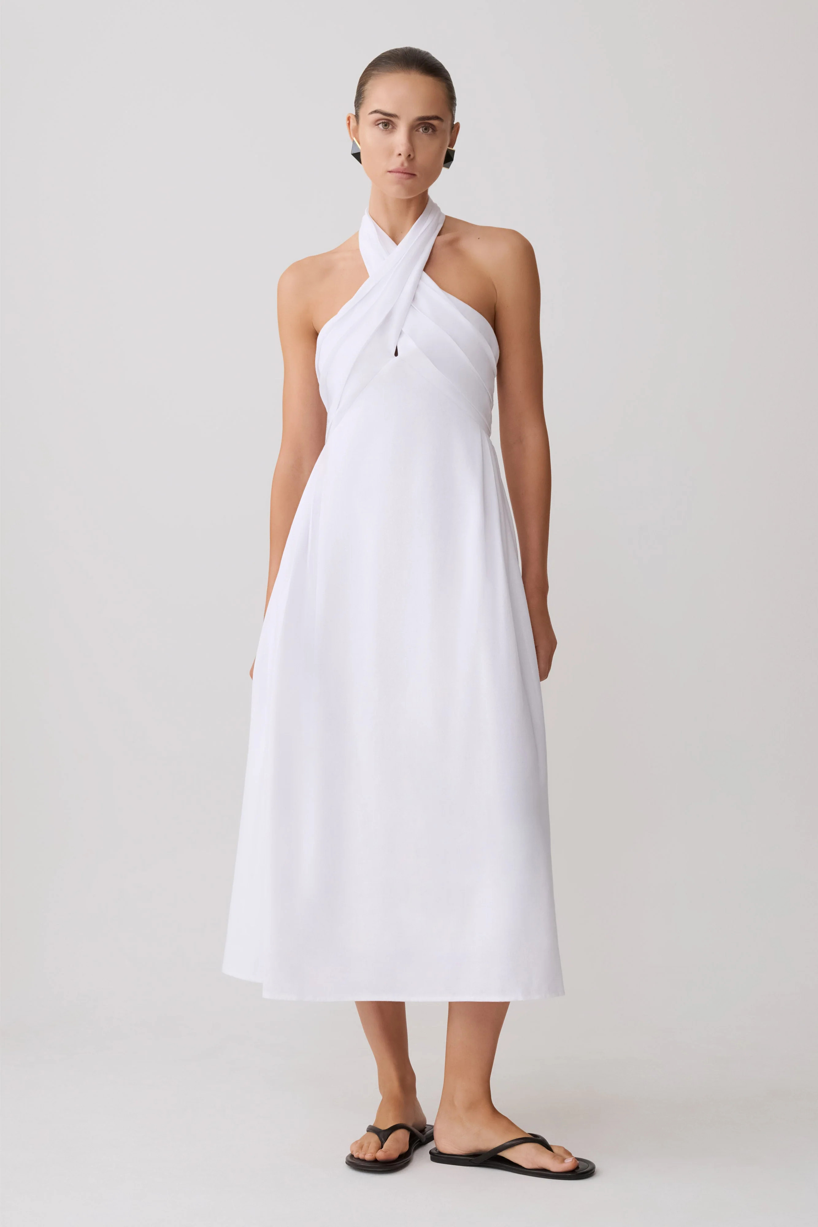 Rosie Linen Halter Midi Dress - White | MESHKI US
