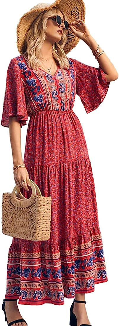 Anna-Kaci Boho Flared Short Sleeve Paisley Maxi Dress | Amazon (US)