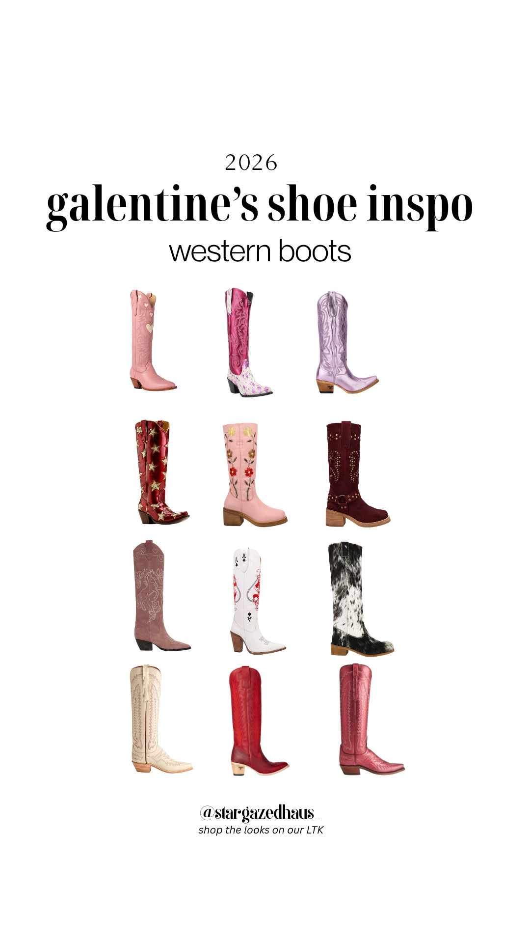 
Here is the SEO-optimized content for your 2026 Galentine’s Western Boot curation, featuring the specific styles from your guide.

2026 Galentine’s Shoe Inspo: The Western Boot Edit 🤠💖
Enter your "Coastal Cowgirl" era this February. Western boots are the ultimate way to add personality to your Galentine’s look, and this 2026 lineup is all about bold colors, metallic finishes, and intricate embroidery. From classic red leather to whimsical star patterns, these are the boots made for walking (and making a statement).

The Western Roundup:
⭐ Star Power: Metallic red boots with gold star overlays are the ultimate showstoppers for a festive night out.

🌸 Desert Florals: Soft pink boots featuring delicate floral embroidery bring a romantic, feminine touch to the rugged Western silhouette.

✨ Metallic Moments: Shimmering lavender and rose-gold metallics are high-trend for 2026, perfect for catching the light at brunch.

❤️ Heart & Soul: Look for dainty heart cut-outs and "Queen of Hearts" playing card motifs for a literal take on Valentine’s style.

🐄 Texture Play: Bold black-and-white cowhide and sleek cherry-red patent leather offer two very different ways to rock the trend.

Shop my curations on LTK via the link in my bio to find your perfect fit! For more Western-chic styling and 2026 trend deep-dives, make sure you’re following @stargazedhaus on Instagram and TikTok. 

 #LTKValentine #LTKgrwm #LTKSeasonal