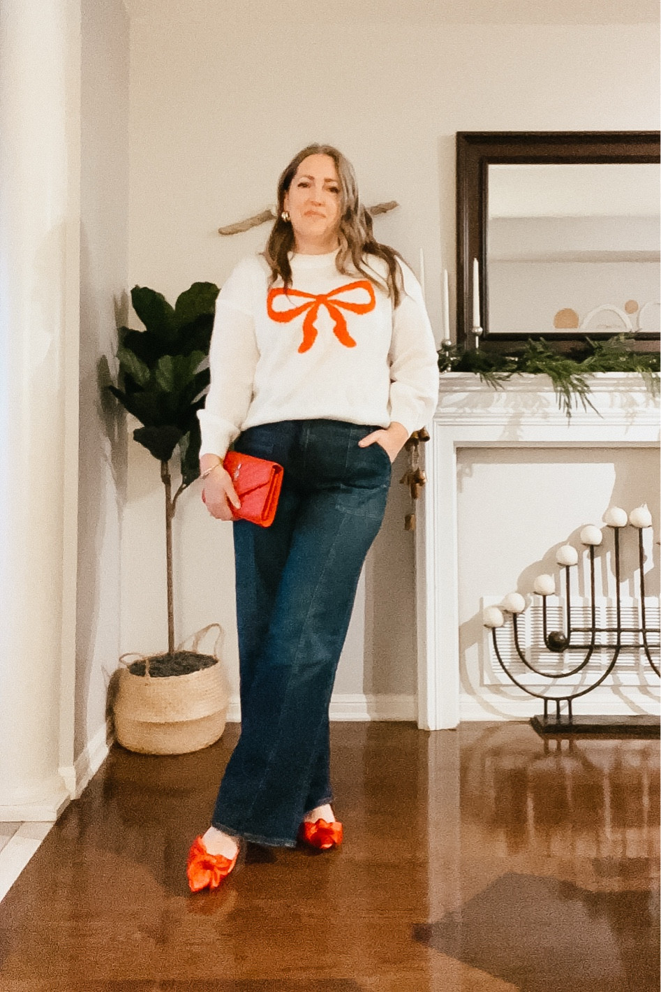 Christmas brunch outfit
Bow sweater, wide leg jeans, gold jewelryy

#LTKSeasonal #LTKOver40 #LTKHoliday