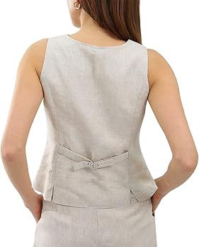 Womens Pure Linen Sleeveless Button Down V Neck Crop Top Summer Vest Waistcoat | Amazon (US)