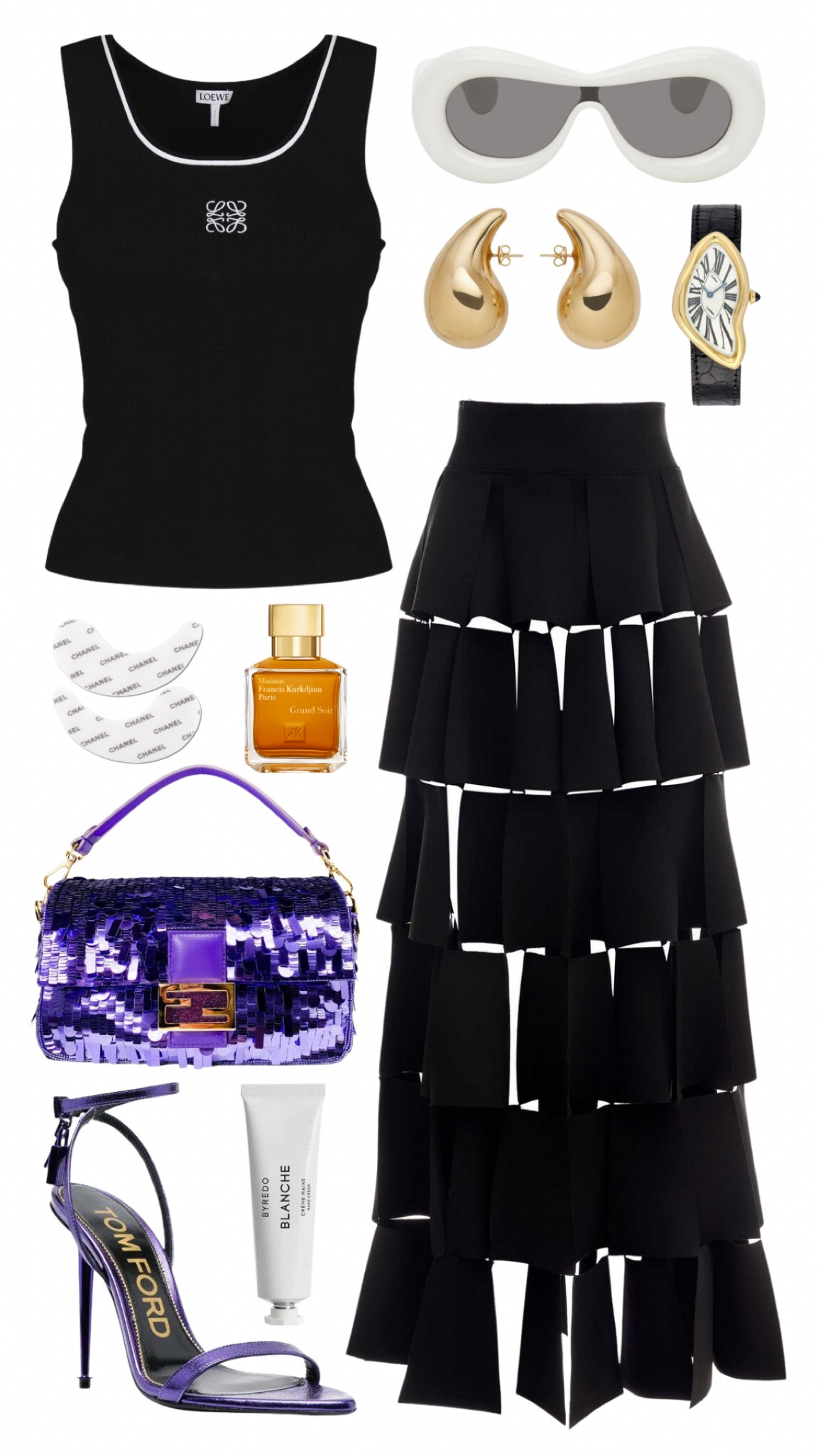 loewe anagram tank 
awake mode skirt 
tom ford heels 
fendi baguette bag 
loewe sunglasses 
bottega veneta drop earrings 
cartier crash watch 
MFK grand soir perfume 
chanel revitalizing eye patches
byredo blanche hand cream

#LTKfit #LTKbeauty #LTKFind