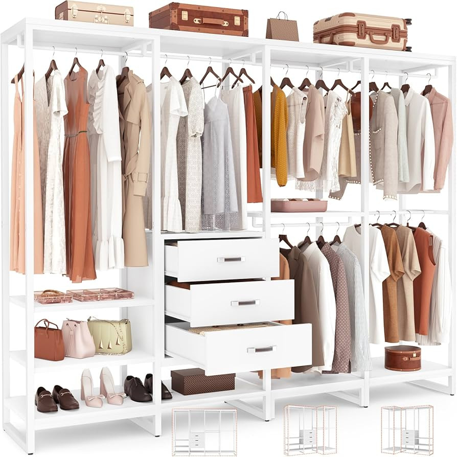 Aheaplus Wood Clothes Rack Wardrobe Closet for Hanging Clothes Heavy Duty Garment Rack, Large Cor... | Amazon (US)