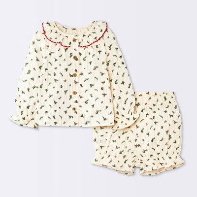 Baby Girls' Christmas Holiday 2pc Holly Berry Long Sleeve Button-Down Top and Bloomer Set - Cloud... | Target