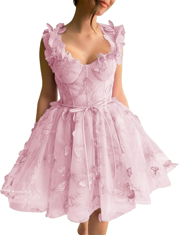 Girls 3D Butterfly Homecoming Dresses Short Tulle Lace Corset Bodice Puffy Mini Length Cocktail P... | Amazon (US)